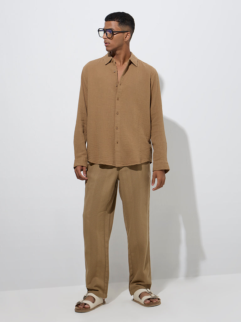 ETA Brown Crinkled-Textured Relaxed-Fit Cotton Shirt