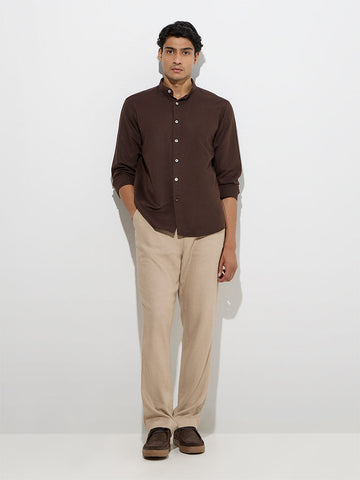 Ascot Dark Brown Solid Relaxed-Fit Linen-Blend Shirt