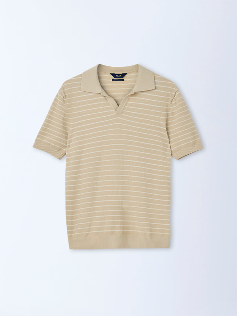 Ascot Beige Striped Relaxed-Fit Cotton-Blend T-Shirt