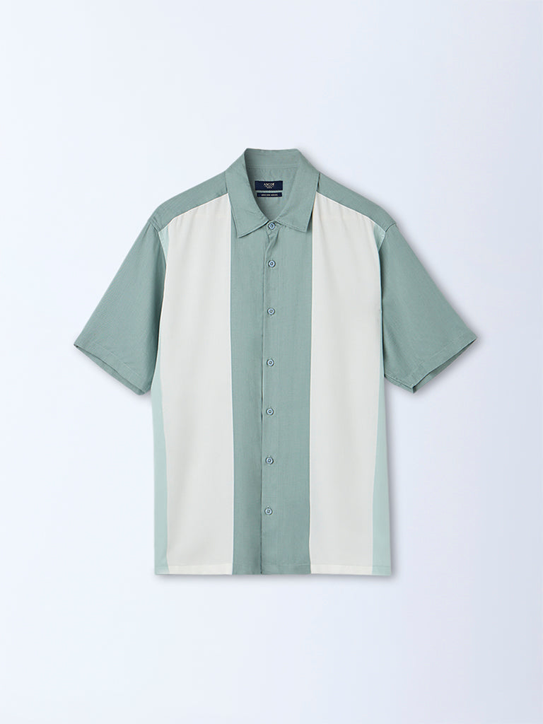 Ascot Teal Colour-Blocked Relaxed-Fit Shirt