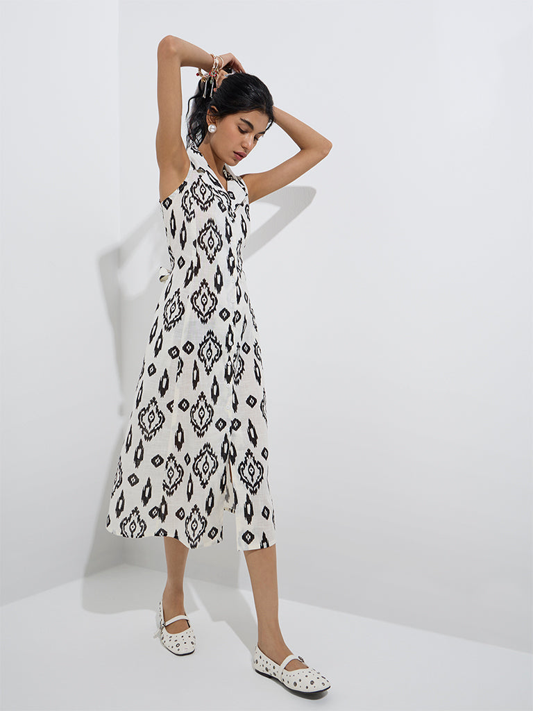 Bombay Paisley White Ikat Printed Cotton Shirt Dress