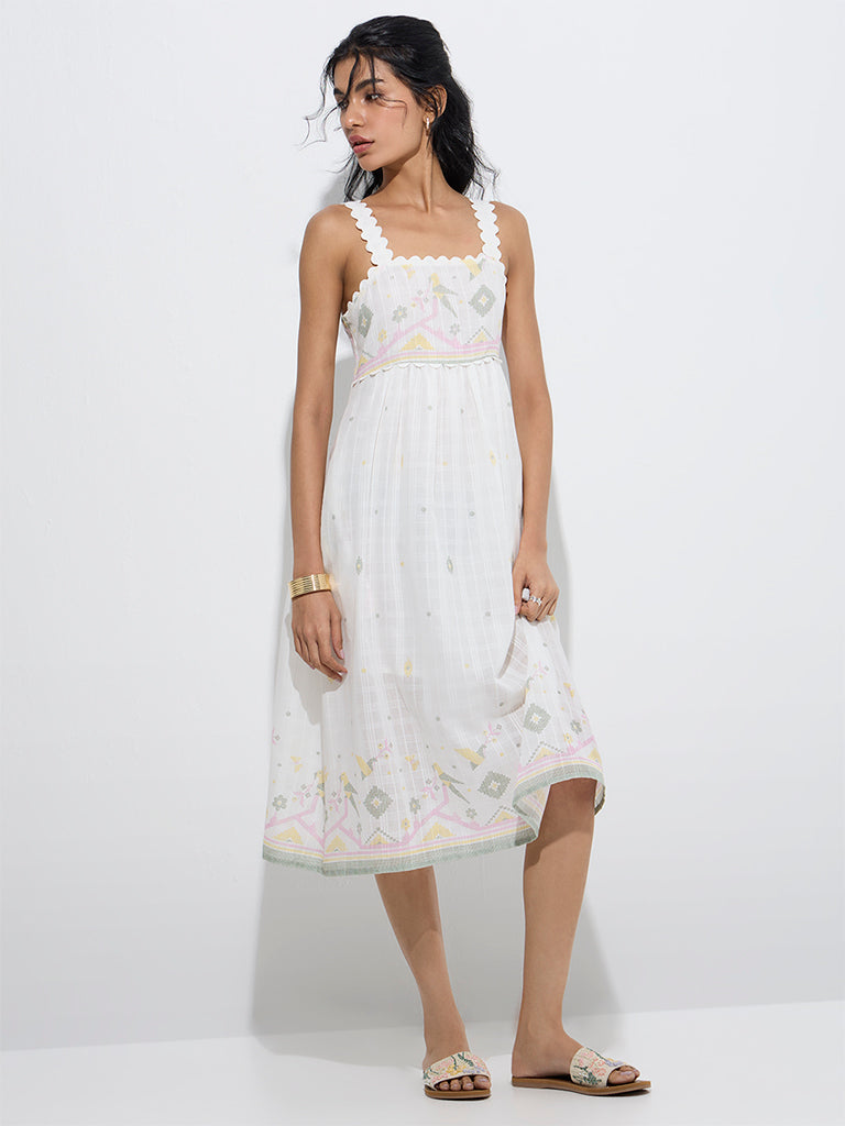Bombay Paisley White Nature-Inspired Cotton A-Line Dress