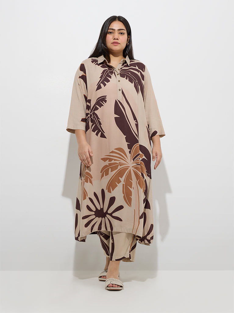 Diza Beige Tropical Design A-Line Cotton Kurta