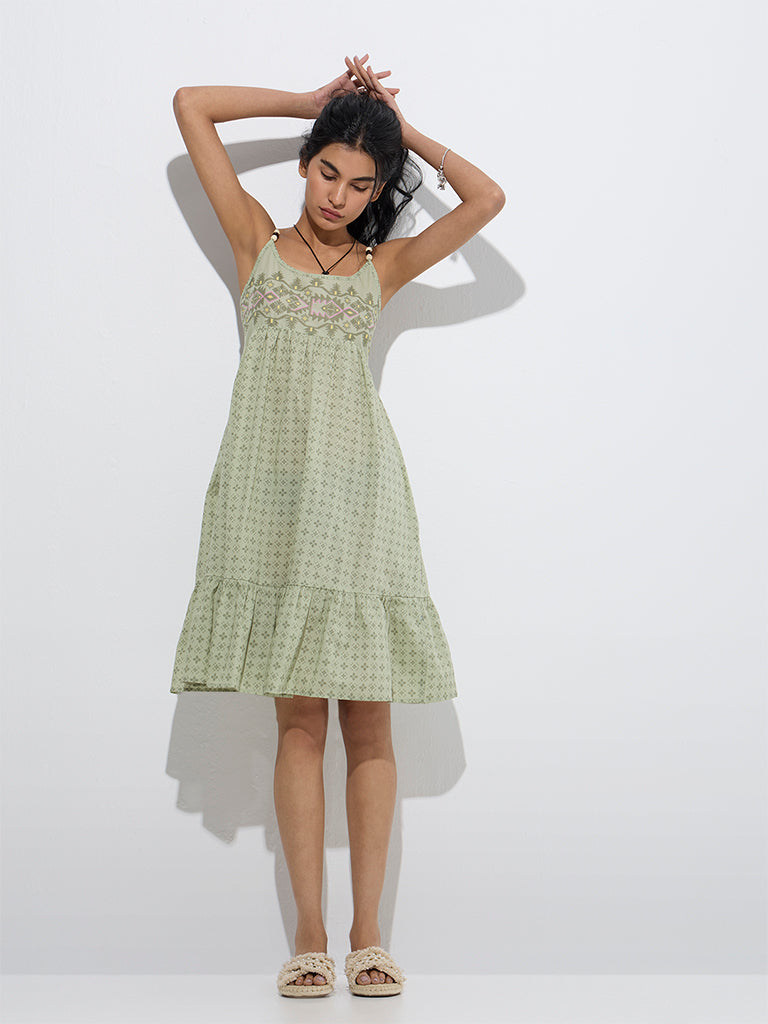 Bombay Paisley Sage Printed Cotton Tiered Dress