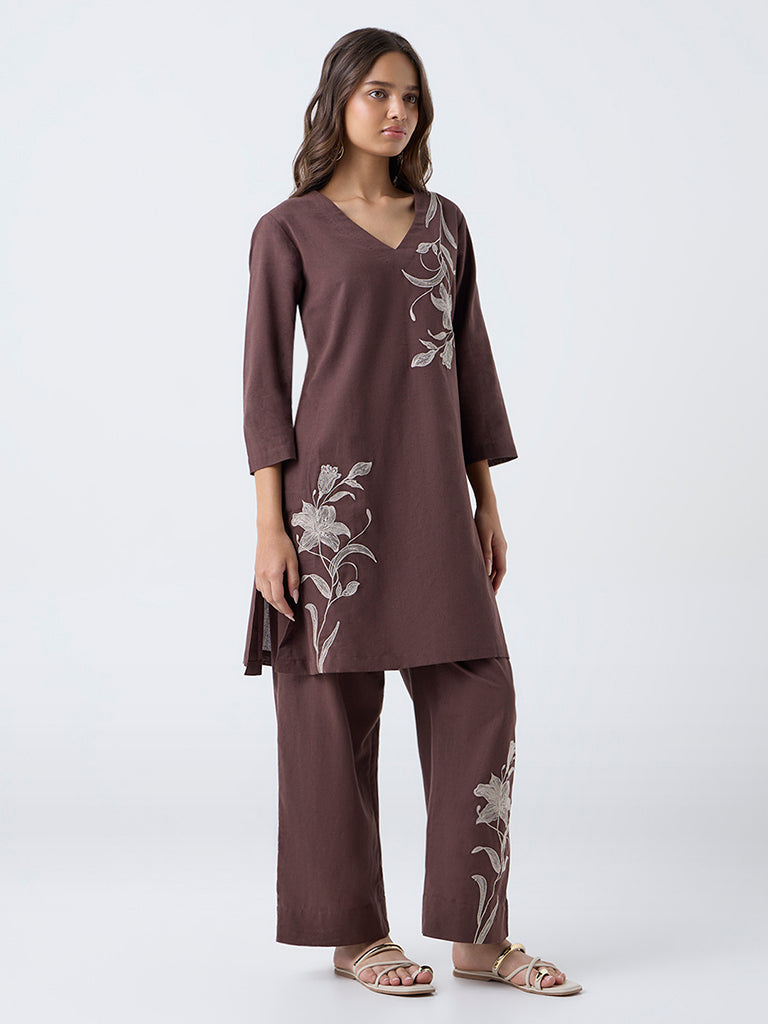 Utsa Brown Floral Embroidered Cotton-Blend A-Line Kurta
