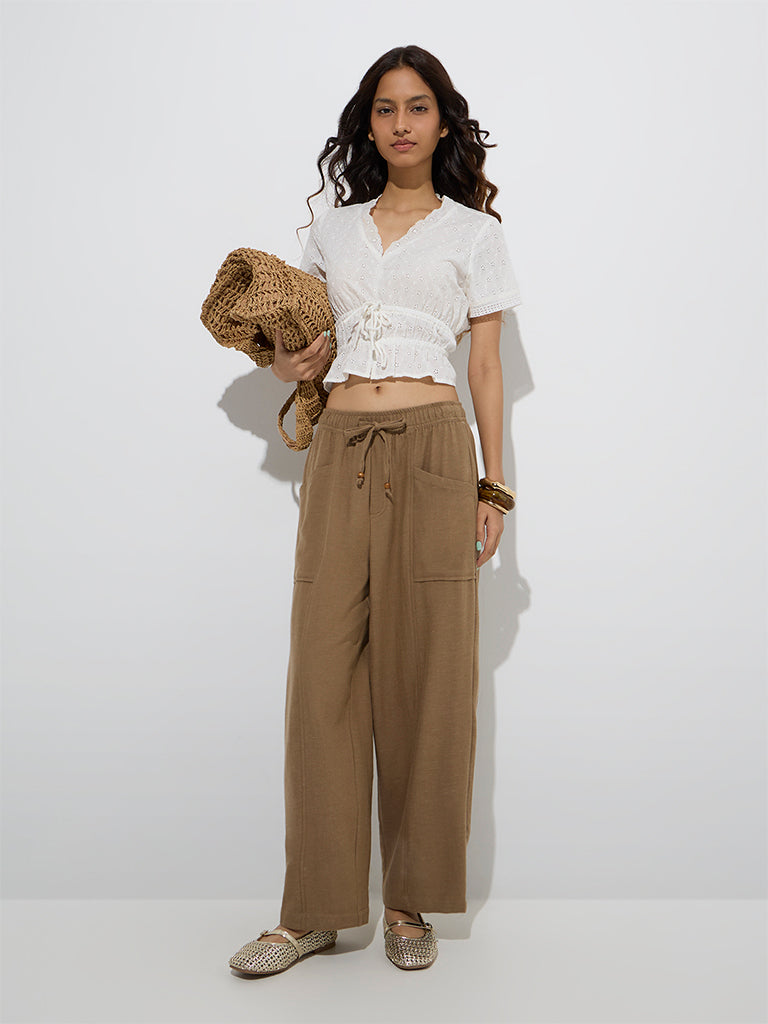 Bombay Paisley Brown Solid Cotton-Blend Pants