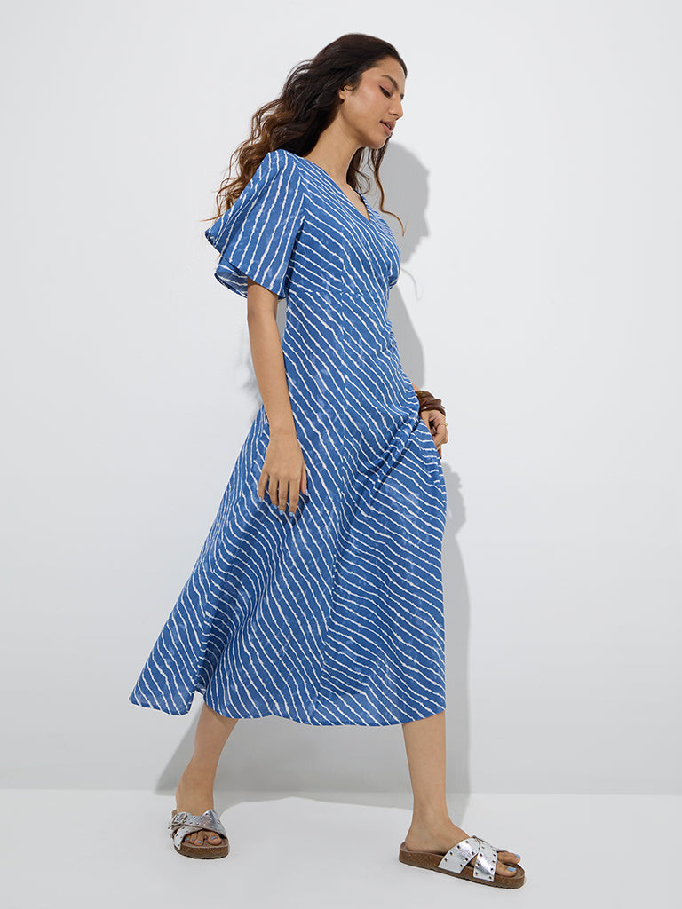 Bombay Paisley Blue Stripes Printed Cotton A-Line Dress