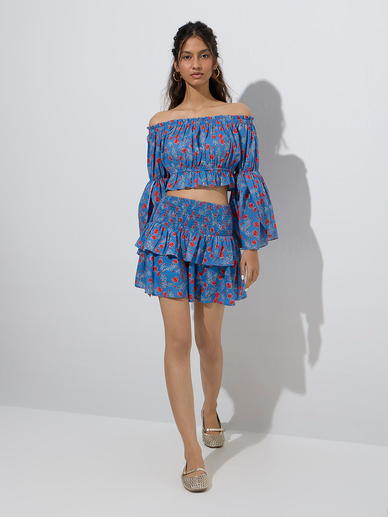 Bombay Paisley Blue Floral Design Ruffled Cotton Skirt