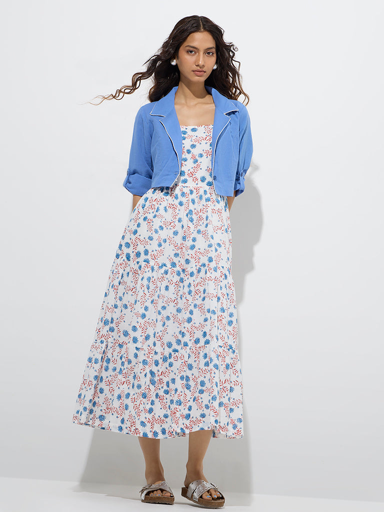 Bombay Paisley Blue Foliage Cotton Tiered Dress with Jacket