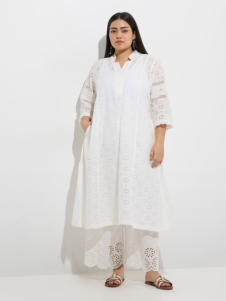 Diza White Schiffli Detailed Cotton Ethnic Pants