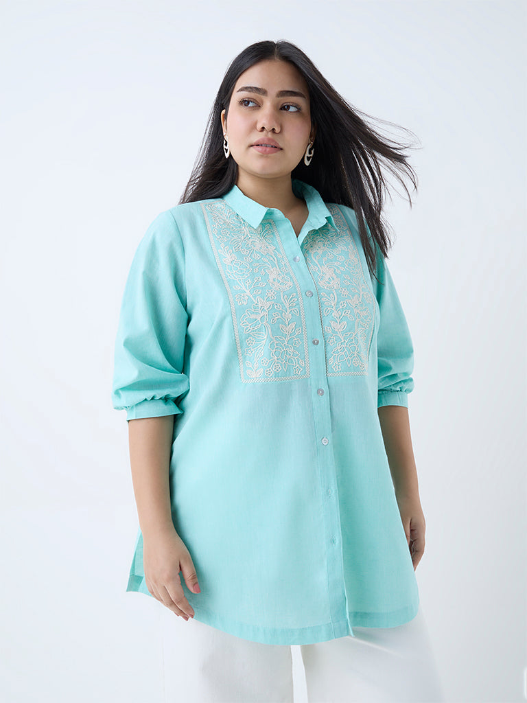 Diza Turquoise Floral Embroidered Cotton Tunic