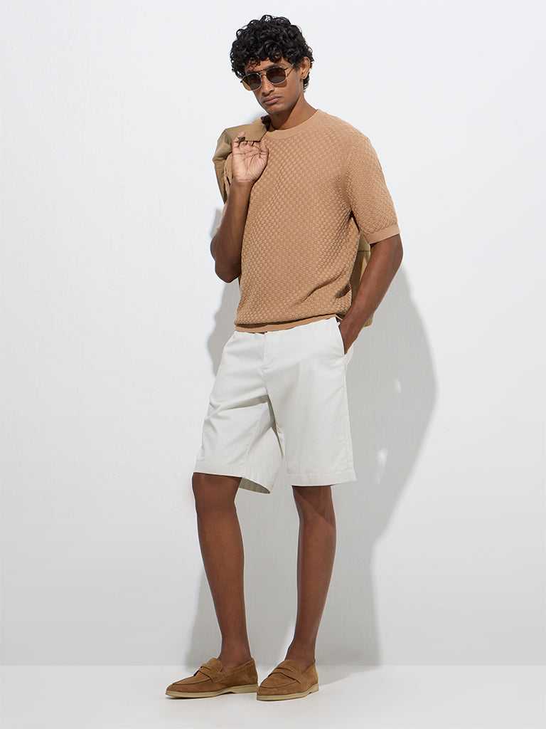 Ascot Taupe Knit-Textured Relaxed-Fit Cotton-Blend T-Shirt