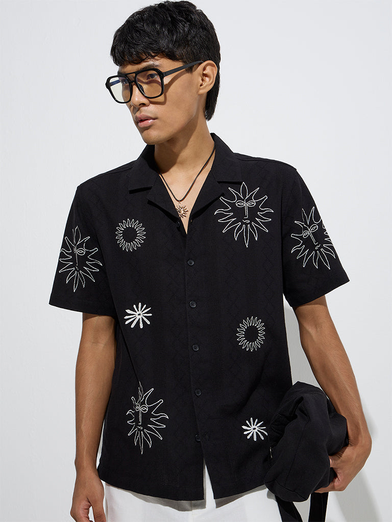 ETA Black Embroidered Relaxed-Fit Cotton Shirt