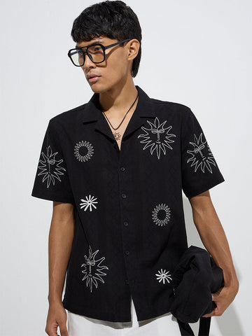 ETA Black Embroidered Relaxed-Fit Cotton Shirt