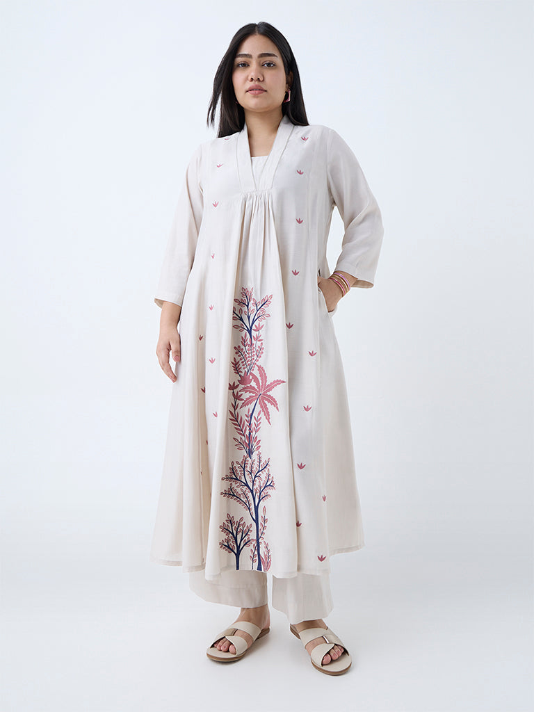 Diza Beige Botanical Design A-Line Kurta