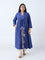 Diza Dark Blue Floral Embroidered A-Line Kurta