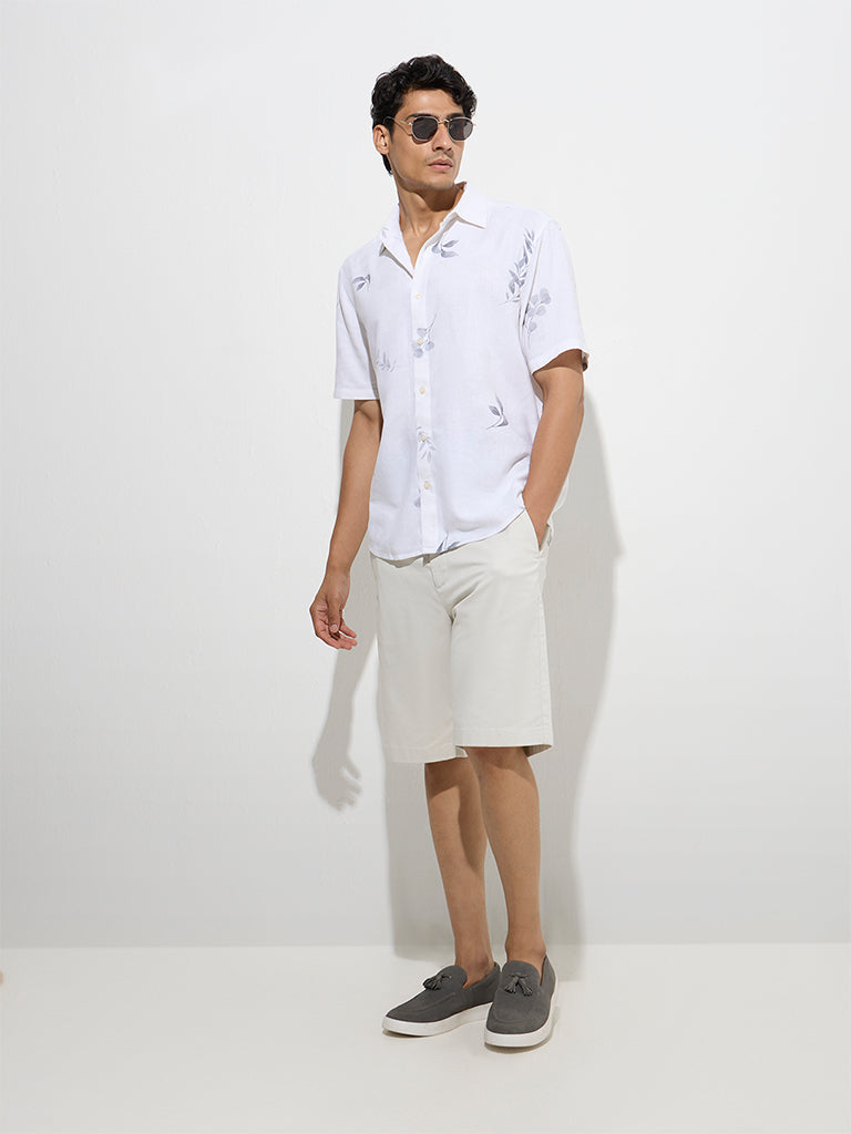Ascot White Leaf Patterned Relaxed-Fit Shirt
