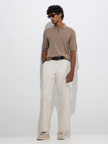 Ascot Taupe Relaxed-Fit Cotton-Blend Quarter-Zip Polo T-Shirt