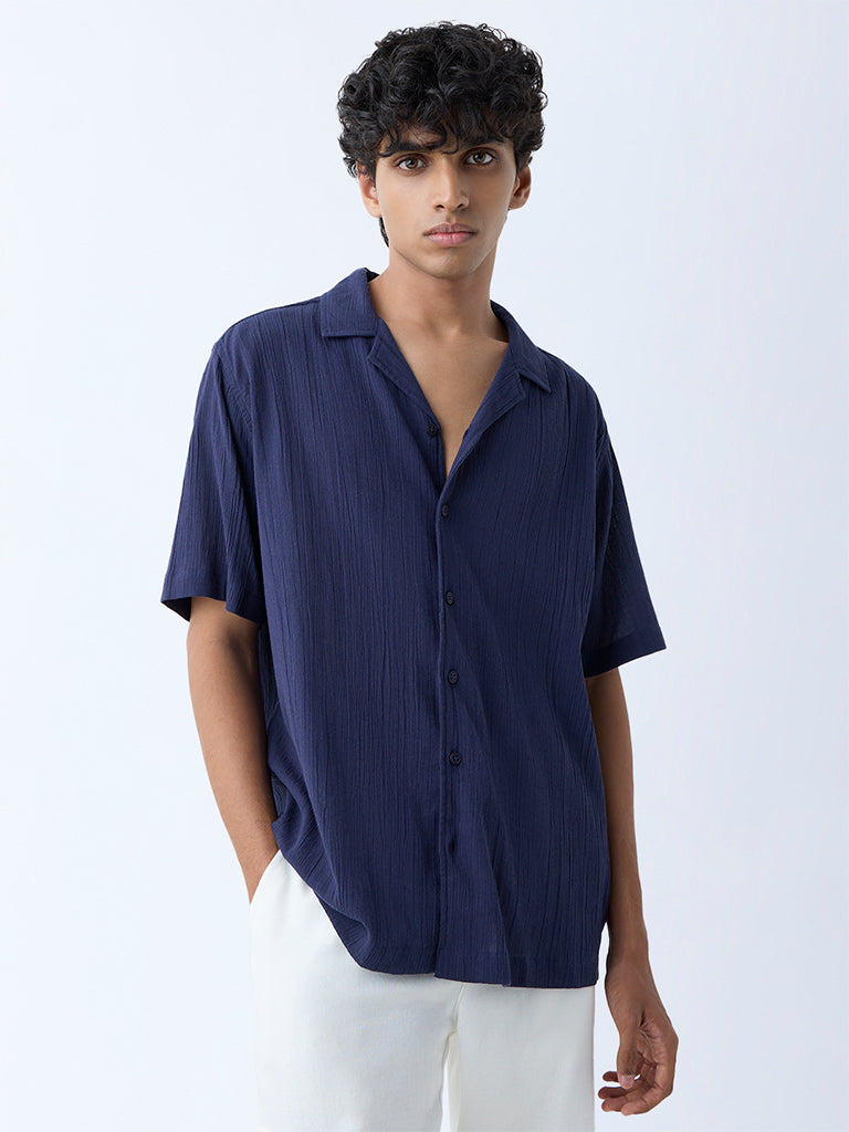 ETA Navy Crinkle-Texture Relaxed-Fit Cotton Shirt