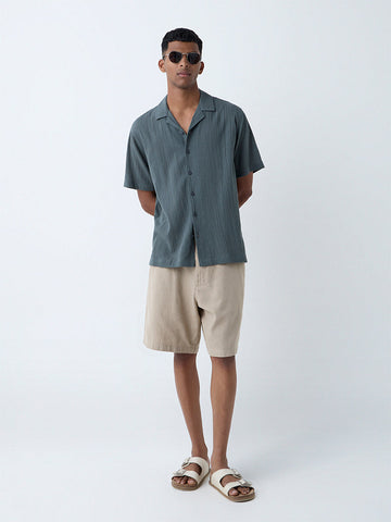 ETA Teal Crinkle-Textured Relaxed-Fit Cotton Shirt
