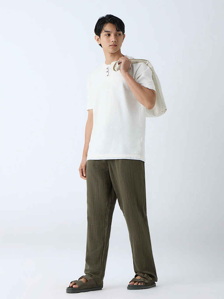 ETA Olive Textured Relaxed-Fit Mid-Rise Cotton Pants
