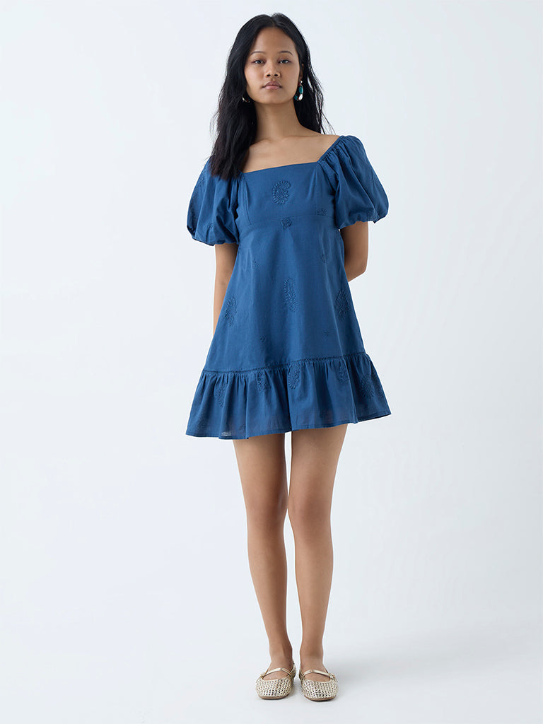 Bombay Paisley Indigo Embroidered Cotton A-Line Dress