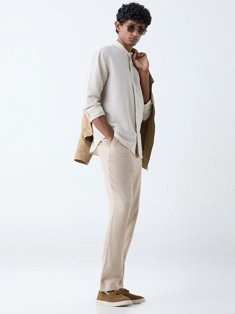 Ascot Beige Solid Relaxed-Fit Linen-Blend Shirt