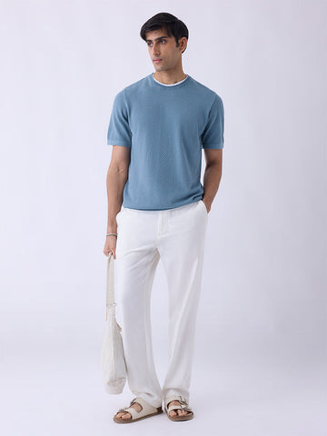 ETA Dusty Blue Woven-Textured Relaxed-Fit Cotton T-Shirt