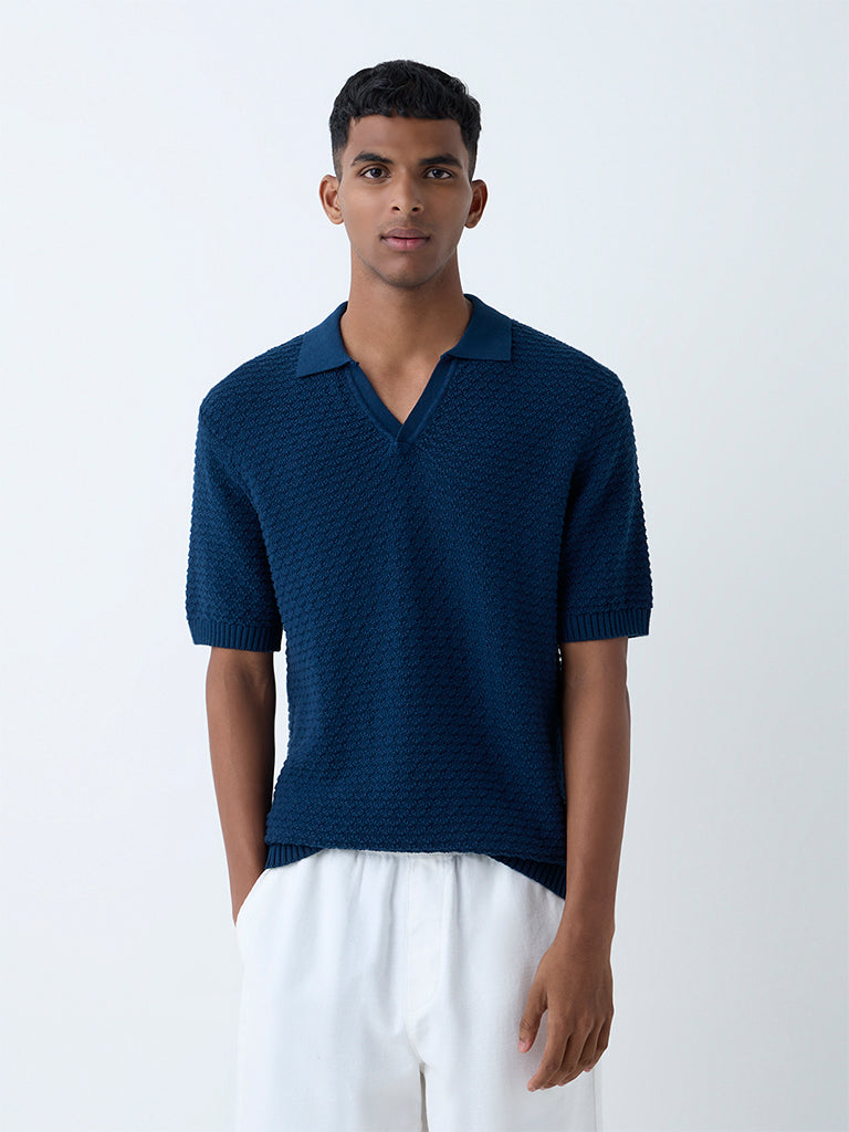 ETA Indigo Knit-Textured Relaxed-Fit Cotton Polo T-Shirt