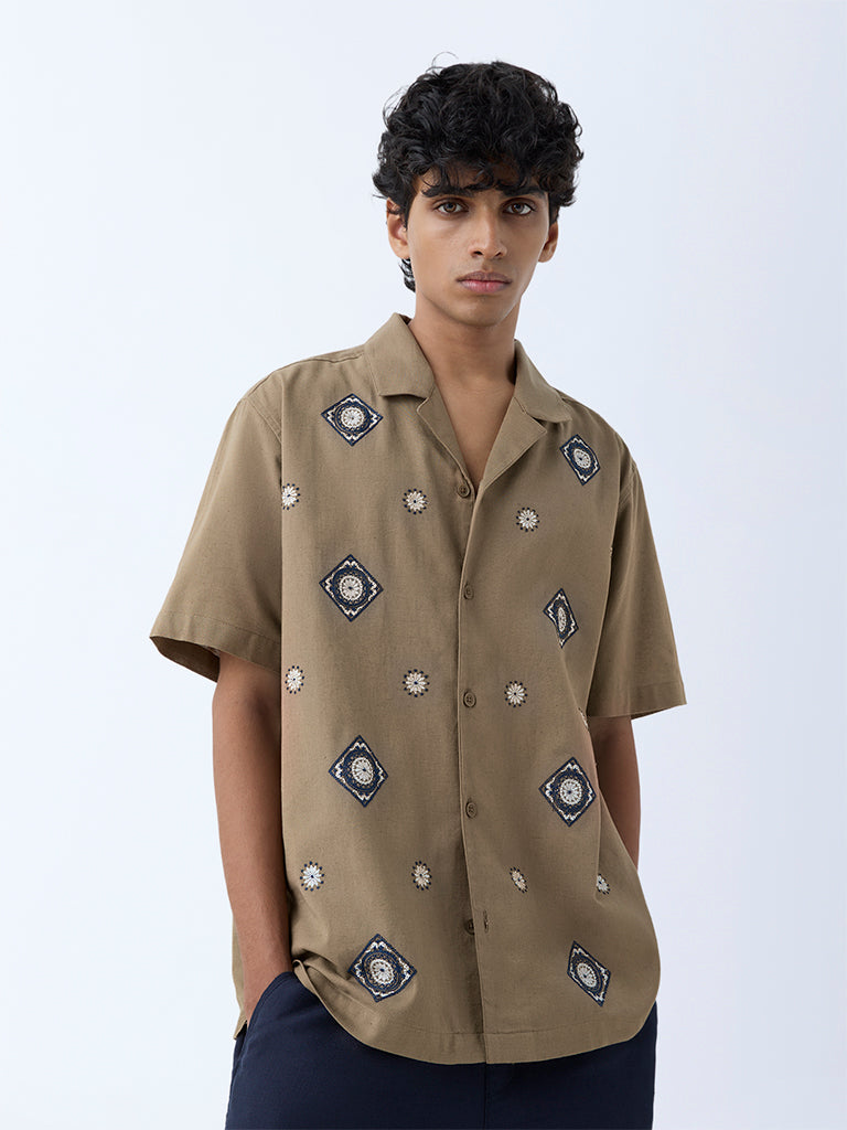ETA Olive Embroidered Relaxed-Fit Cotton-Blend Shirt