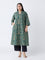 Diza Green Jamdani-Printed Cotton-Blend A-Line Kurta