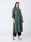 Diza Green Jamdani-Printed Cotton-Blend A-Line Kurta