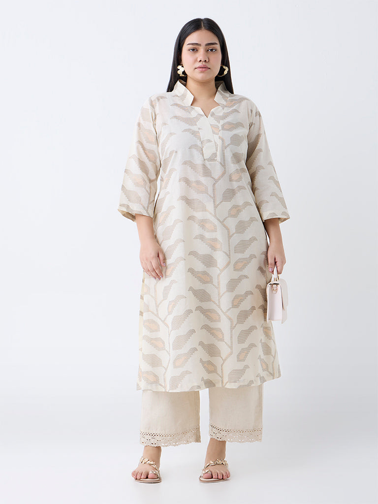Diza Off-White Botanical Design Cotton-Blend A-Line Kurta