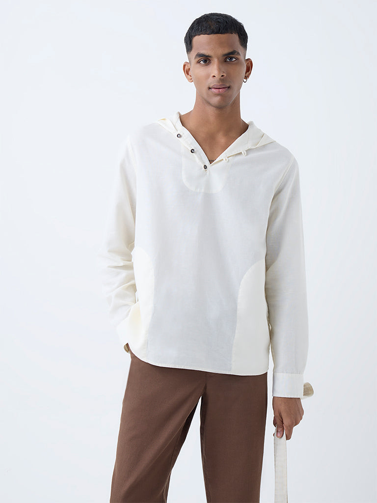 ETA Off-White Solid Relaxed-Fit Cotton-Blend Hooded Shirt