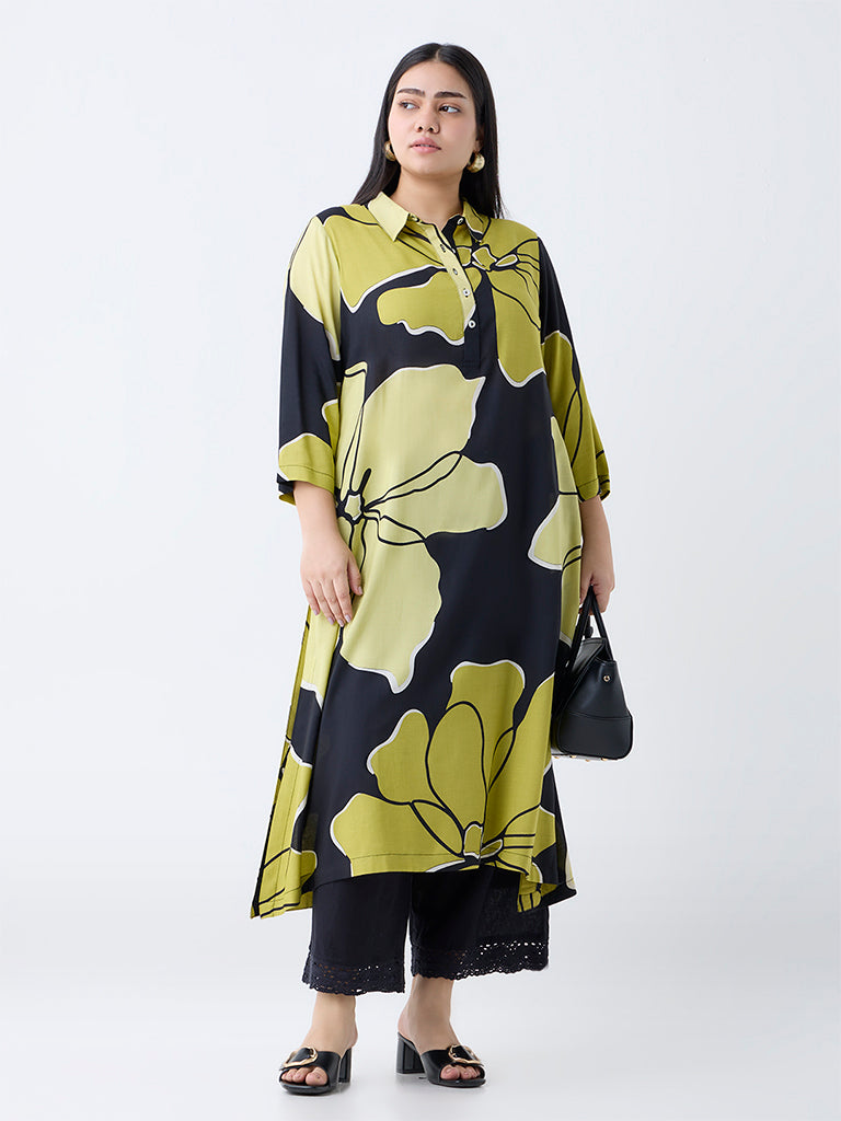 Diza Black Floral Design Cotton A-Line Kurta