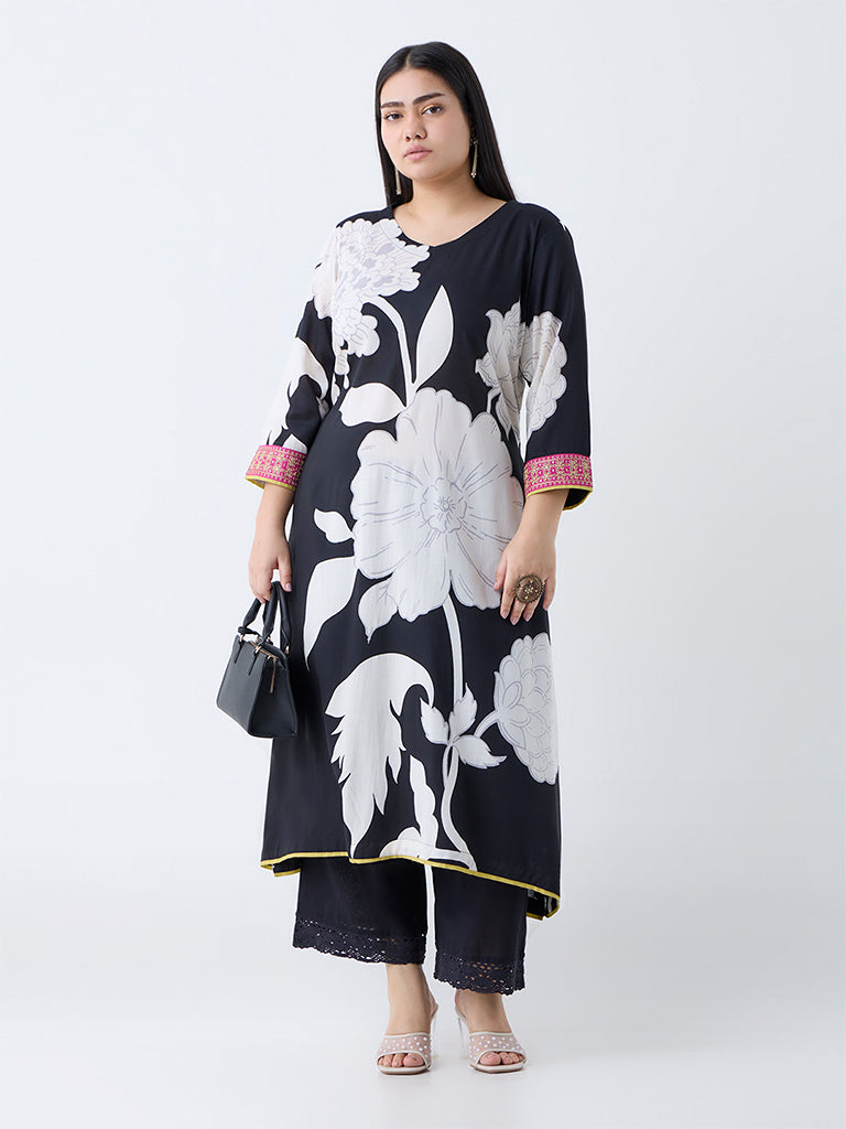 Diza Black Floral Design A-Line Kurta