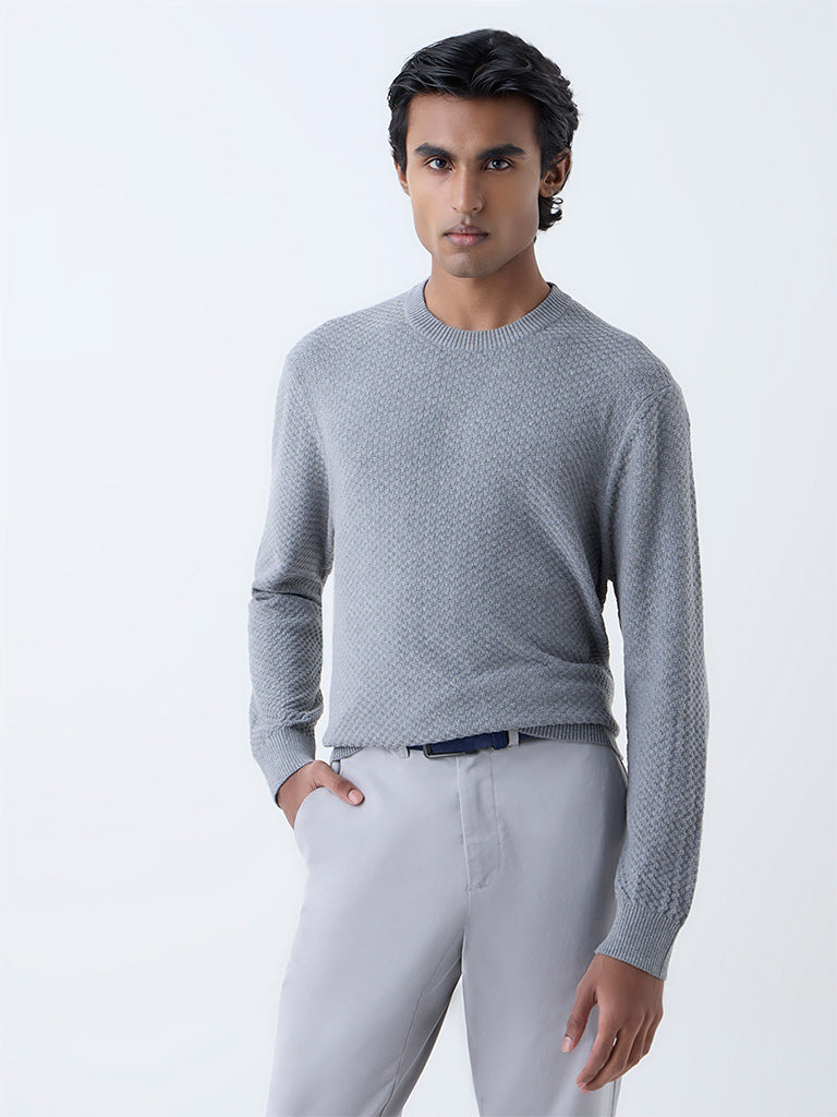 Ascot Grey Knit-Textured Relaxed-Fit Cotton-Blend Sweater