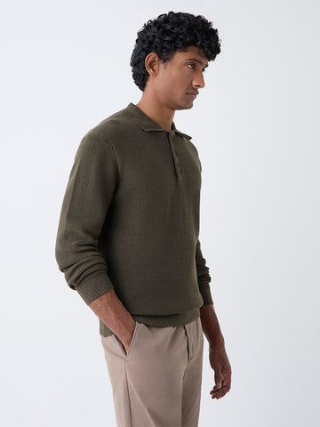 Ascot Olive Knit-Textured Relaxed-Fit Cotton Polo Sweater