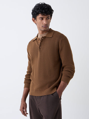 Ascot Tan Knit-Textured Relaxed-Fit Cotton Polo Sweater