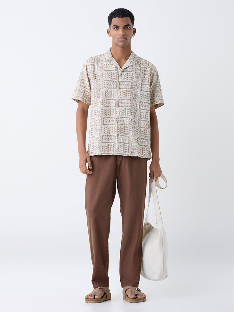 ETA Beige Embroidered Relaxed-Fit Cotton Shirt