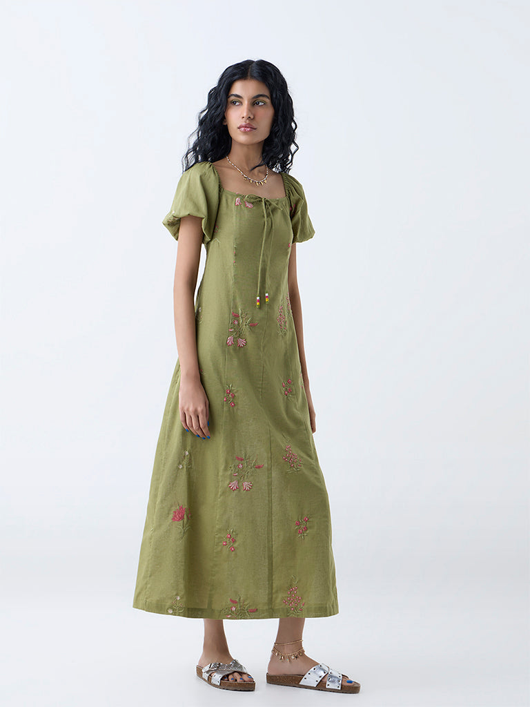 Bombay Paisley Olive Embroidered Cotton-Blend A-Line Dress