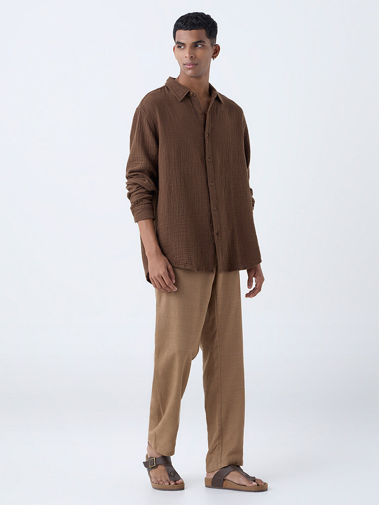 ETA Brown Crinkle-Textured Relaxed-Fit Cotton Shirt