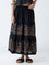 Bombay Paisley Black Botanical Design Cotton-Blend Skirt