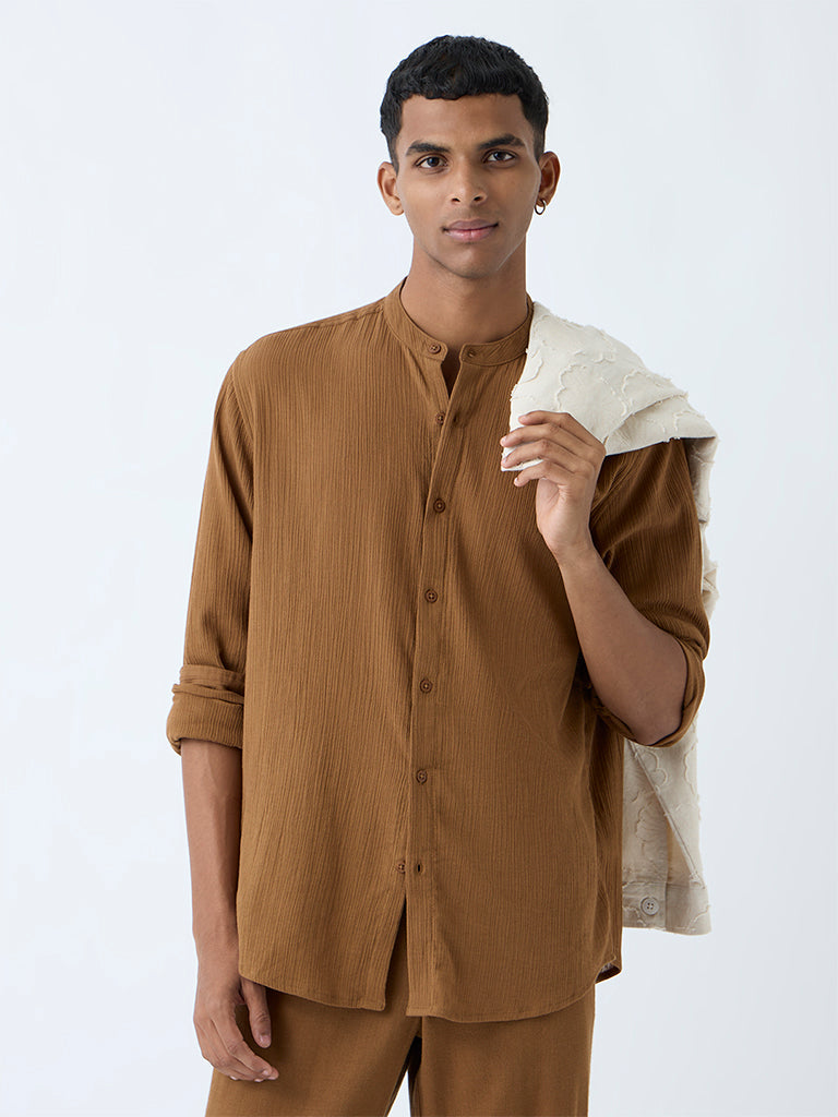ETA Brown Crinkle-Textured Relaxed-Fit Cotton Shirt