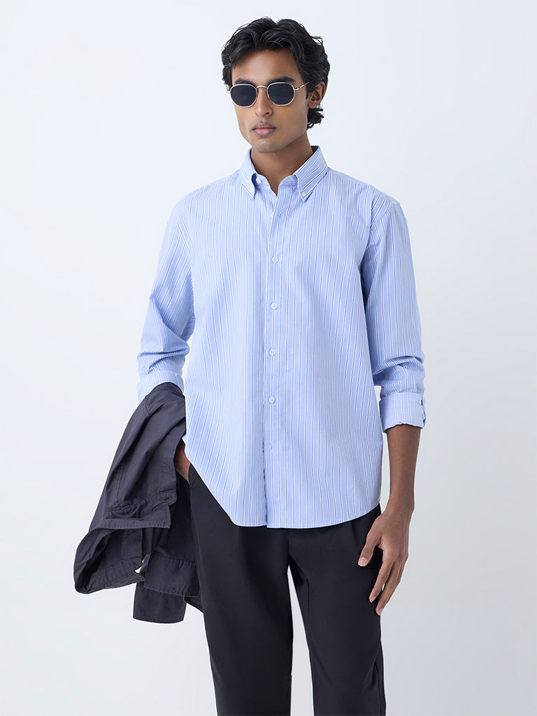 Ascot Blue Striped Relaxed-Fit Cotton Shirt