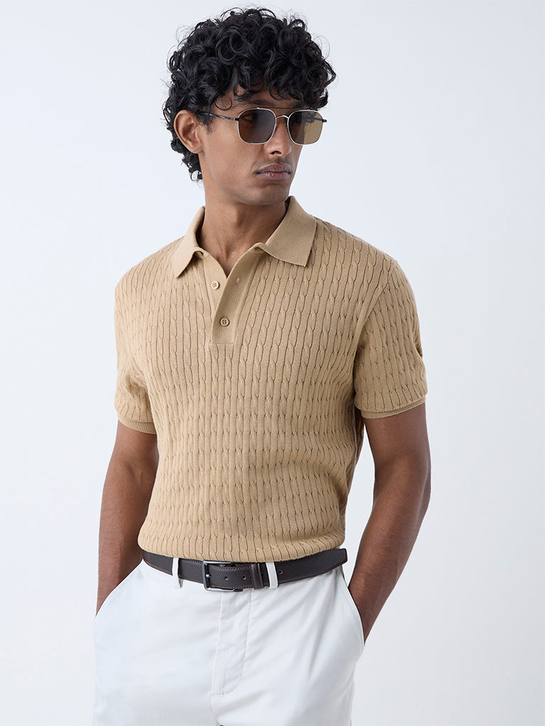 Ascot Beige Cable-Knit Relaxed-Fit Cotton Polo T-Shirt