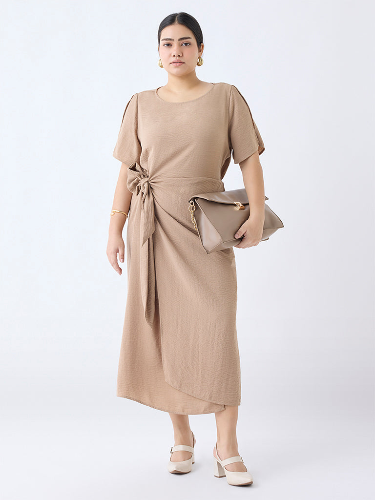 Gia Beige Knot-Detailed Straight Dress