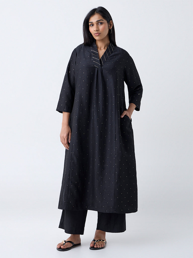Diza Black Embellished A-Line Kurta