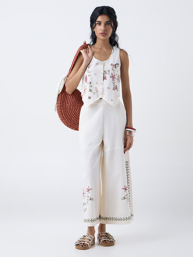 Bombay Paisley Off-White Embroidered Cotton-Blend Pants