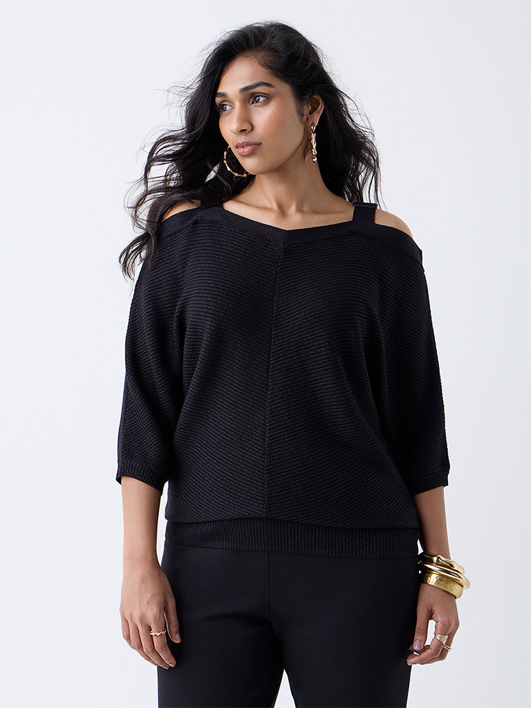 Gia Black Ribbed Cold-Shoulder Top